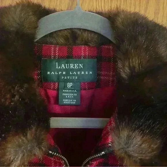 Vintage lauren ralph lauren red plaid faux fur collar jacket women's 8P - Picture 8 of 12